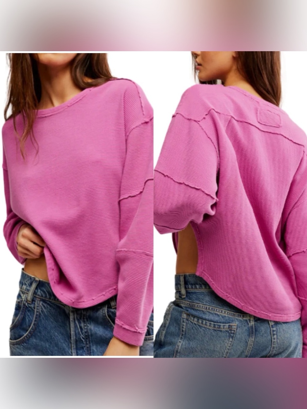 We The Free Pink Ribbed Relaxed Thermal Long-Sleeve Top